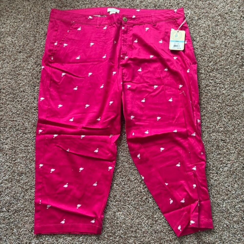 NWT Caribbean Joe Tropical Pink Flamingo Cropped Pants Capri Cotton Womens 20W